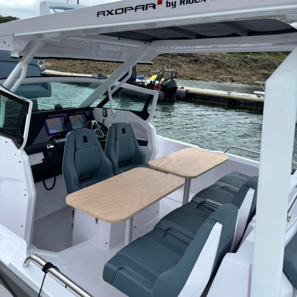 Vue arrière de l'AXOPAR 29 montrant le moteur Mercury V8 300 avec housse et flaps électriques | Rioux Nautique